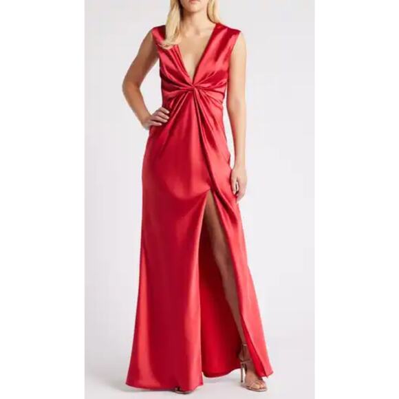 Amsale Fluid satin plunge V-neck twisted front dress in Lipstick Red Sz 10 NWOT - Picture 1 of 14